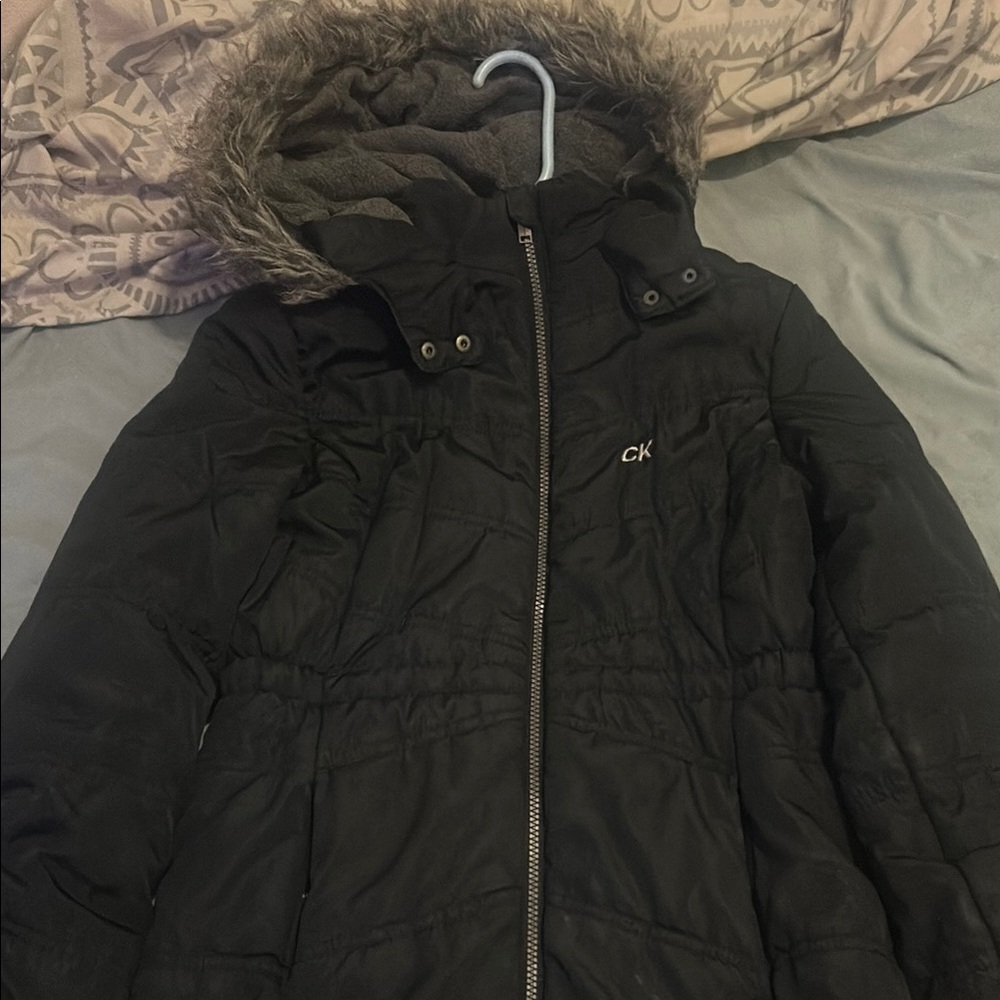 Calvin Klein Black Coat with Fur Trim